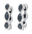 Silver micro-set hoop earrings with black oval-shaped gemstones and beaded edge - Silver-Black Zircon