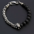 Detail of beaded men's bracelet with black lava stone, silver wheat chain and turtle charm - Lava Rock Turtle Stainless Steel
