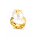 Golden titanium steel wide ring featuring a large white pearl with a gold dragonfly detail - US 6 / Gold Dragonfly Style (KR31315-K)