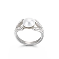 Bague élégante en acier titane argenté avec grande perle blanche et zircons étincelants - Style Pavé de Strass Argent (KR34525-K)