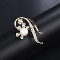 Elegant gold flower brooch with white pearl and sparkling rhinestones on leather - Gold Petal Pearl