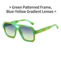 Retro square double bridge sunglasses with green floral frame and blue-yellow gradient lens - Green Floral Frame Blue Yellow Gradient Lens