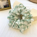 Light green floral scrunchie in oversized chiffon fabric with white flower patterns - Green with Flower
