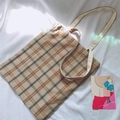 Classic beige plaid canvas tote bag with retro Scottish check pattern and dual straps - Khaki