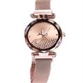 Detailed view of swan dial with rhinestones and Milanese mesh strap in rose gold - Rose Gold Single Watch