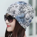 Light gray slouchy beanie with blue watercolor patterns and chic letter prints - M (56-58cm) / Maple Leaf Grey Blue