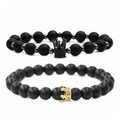 Set di braccialetti in perline nere opache con ciondoli a corona in micro-zircone - Set Corona in Pietra Nera Opaca + Corona in Perle di Rame Nero Opaco
