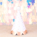 White birthday hat with golden polka dots and a soft white pom pom top - Rose Gold Wavy Dot Sequin Ball Hat