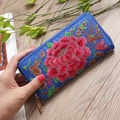 Ethnic style long fabric wallet with pink peony floral embroidery and blue finish - Blue