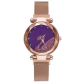 Close-up of rose gold mesh band watch with purple dial and crystal swan pattern - Purple Watch Only
