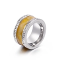 Silver stainless steel ring featuring amber shell inlay and double rows of zircons - Silver Yellow Marble Style (KR34595-AD)
