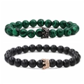 Malachite and matte black beaded stretch bracelets with pavé crown charms for couples - Malachite Crown Set E