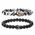 Zweiteiliges Kronen-Perlenarmband-Set mit Malachit und matten Lavasteinen für Paare - Malachit Krone Set B