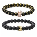 Polished and matte black beaded couple bracelets with rose gold and gold crown charms - Six-Word Mantra Large Crown C Set (Polished Mantra Beads + Rose Gold Large Crown/Matte Beads + Gold Large Crown)