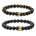 Couples beaded bracelets with matte and polished black stones featuring golden crowns - Six-Word Mantra Small Crown A Set (Polished Mantra Beads/Matte Beads + Gold Small Crown)