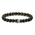 Macro detail of black onyx beads with golden mantra engraving and silver crown charm - Six-Word Mantra Silver Small Crown / White Gold