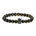 Detail of 8mm black beaded bracelet featuring golden mantra symbols and crown charm - Six-Word Mantra Gun Black Large Crown / Gun Black