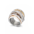 Three-tone interlaced stainless steel ring with silver, gold, and rose gold crystal bands - US 6