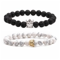 Kroon kralenarmband set met wit turkoois, lavasteen en tijgeroog kralen - Wit Turkoois Kroon & Lavasteen Platina Kroon (Set)