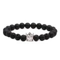 Detail of 8mm black lava stone beads and silver crown charm on a stretch bracelet - Lava Stone Platinum Crown (Single)