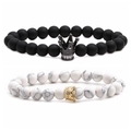 Matching couple bracelets with black matte beads and white marble stones with crown charms - White Turquoise Crown Matte Black Silver Crown (Set of 2)