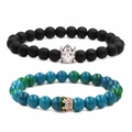 Pair of crown beaded bracelets with matte black agate and turquoise marble stones - Phoenix Stone & Matte Stone Crown Bracelet Set B