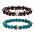 Tiger Eye and Phoenix Stone crown bead bracelets for couples with sparkling zircon details - Phoenix Stone and Tiger Eye Silver Crown Bracelet Set