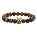 Natural tiger eye stone beaded bracelet with black zircon micro-pave gold crown charm - Tiger Eye Gold Crown