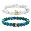 Phoenix stone and white turquoise crown beaded bracelets set for couples in high-quality finish - White Howlite Gold Crown Set