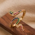 Adjustable snake open ring in gold plated copper with colorful cubic zirconia crystals - Adjustable Open / Gold