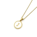 Gold stainless steel necklace with round white shell pendant featuring letter J - Style J (Letter J)