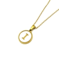Golden stainless steel round pendant necklace featuring white enamel letter I design - Style I (Letter I)