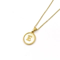 Golden stainless steel necklace with round white shell pendant featuring the letter E - Style E (Letter E)
