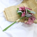 Artificial pink purple bridal flower bouquet with frosted green leaves and paper tag - Dusty Pink Dahlia Hydrangea Bouquet