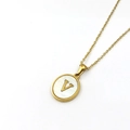 Gold stainless steel necklace with round white shell pendant featuring letter V - Style V (Letter V)