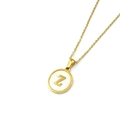 Golden stainless steel necklace featuring a white shell round pendant with letter Z - Style Z (Letter Z)