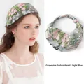 Light blue lace headband with pink flower embroidery and elastic band for women - White Base Blue Pink Grape Flower