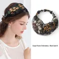 Black wide lace headband with yellow daisy embroidery and elastic strap design - Black Base Gold White Grape Flower