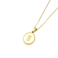 Gold stainless steel necklace featuring a round mother of pearl pendant with letter S - Style S (Letter S)