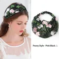 Vintage-Haarband aus schwarzer Spitze mit rosa-weißer Pfingstrosenstickerei und Gummizug - Grünes Blatt Rosa Silber Pfingstrose