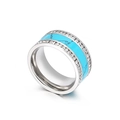 Silver stainless steel wide ring featuring turquoise inlay and double rows of zircons - Silver Turquoise Double Row Diamonds (KR35087-AD)