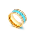 Polished gold stainless steel ring with turquoise inlay and micro-pave white zircons - Gold Turquoise Double Row Diamonds (KR36846-K)