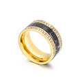 Golden stainless steel wide ring with black marble inlay and dual rows of clear crystals - Gold Black Marble Double Row Diamonds (KR37438-K)