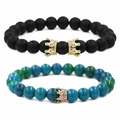 Bracelets en perles de pierre noire mate et bleu-vert avec des couronnes dorées - Double couronne en pierre mate