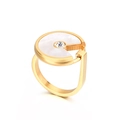 Rose gold stainless steel ring featuring a white shell disc and a sparkling zircon stone - Gold Notched Mother of Pearl Style(KR39342-K)