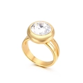 Modern gold stainless steel ring featuring a large round crystal and hollow geometric design - Gold Round Clear Main Stone (KR41982-K)