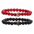 Conjunto de pulseras de corona para parejas con piedra jaspeada roja y roca volcánica - Turquesa Roja Corona Oro Rosa y Piedra Volcánica Negra Mate Juego