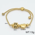 Adjustable golden stainless steel letter R bracelet with heart charm and small round beads - Letter R