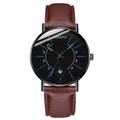 Detail of Geneva quartz watch showing black dial with date window and brown leather strap - Black Dial Black Case Brown Strap Blue Hands