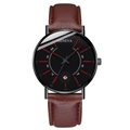 Macro detail of men's business watch with black dial, red markers and date window display - Black Dial Black Case Brown Strap Red Hands